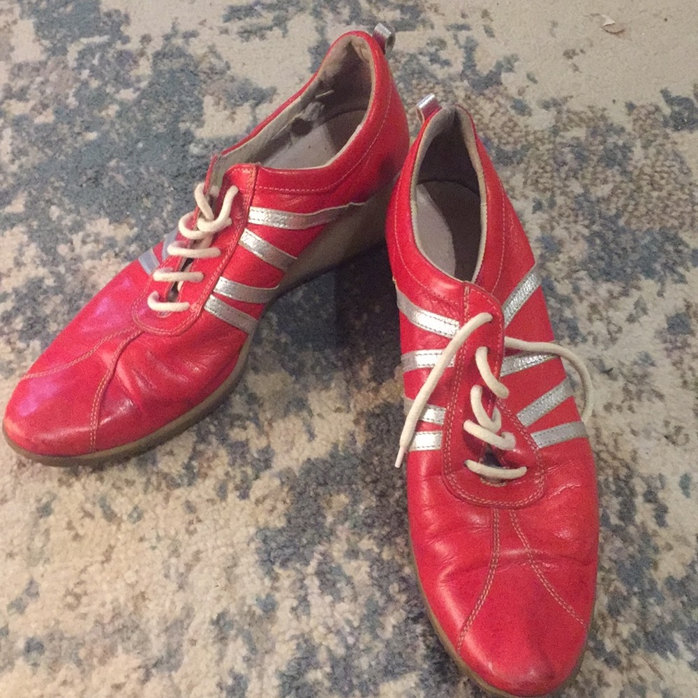 Red Italian leather sporty wedge sneakers
